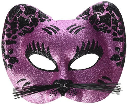 P'tit Clown 60015 Halbmaske, Stoff mit Pailletten, Katze, mit Schnurrhaaren, Rosa / Schwarz
