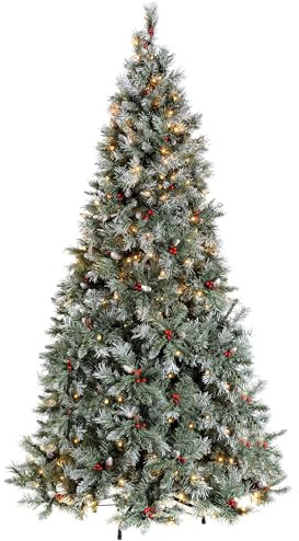 WeRChristmas 7 ft Pre-Lit Scandinavian Blue Spruce Pine Cone and Berry Christmas Tree with 400 Warm White LED Lights/ 8 Setting Controller/ Easy Build Hinged Branches