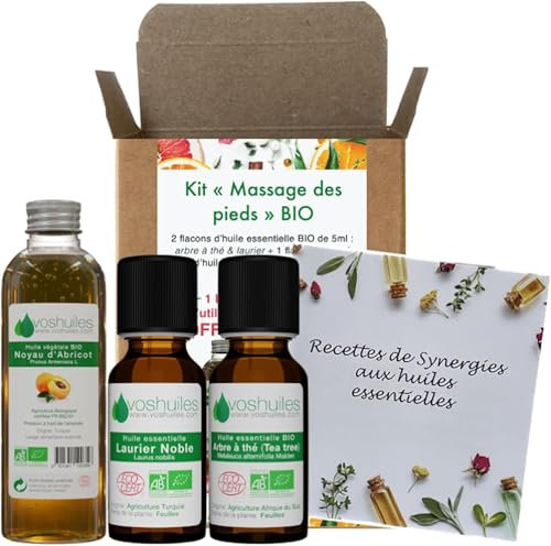 VOSHUILES - Kit Massage des Pieds - 2 Huiles Essentielles + 1 Végétale Bio - 100% Pure et Naturelle - HEBBD, Ecocert - Tea Tree, Laurier, Noyau d'Abricot - Massage - 2x5ml, 1x50ml
