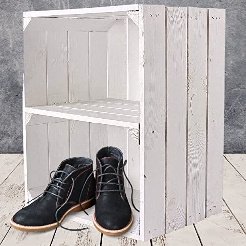 Kontorei Neue weiße Obstkiste als Schuh- und CD/Bücherregal - stapelbar mit Zwischenbrett, hochkant