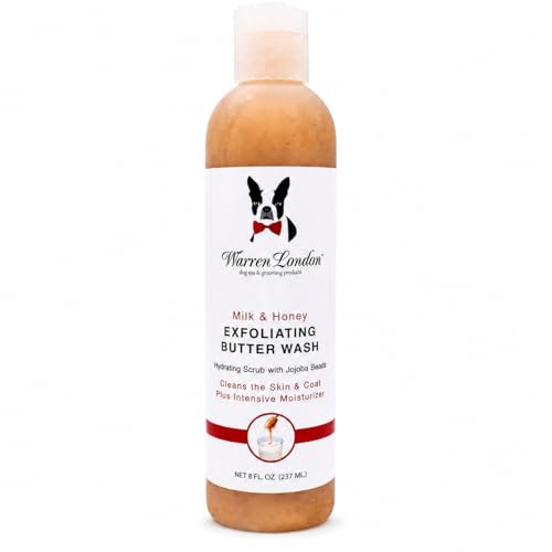 Warren London Exfoliating Butter Wash Dog Shampoo – Milk & Honey, 8 oz | Cleansing, Conditioning & Exfoliating Shampoo with Jojoba Beads for Dry Skin, Flakes, Soft Coat & Shine | Made in USA