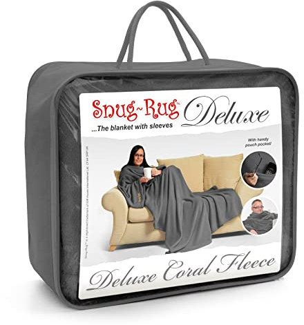 Snug Rug DELUXE Blanket With Sleeves GENUINE SnugRug Sleeved Blankets 260gsm Luxury Cosy Super Soft Coral Fleece Fabric Long Oversized Pouch Pocket Adults Size (Slate Grey)