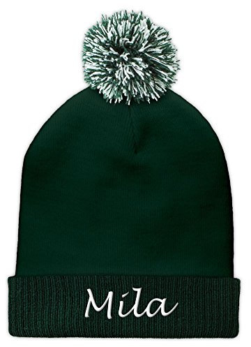 printplanet Pudelmütze mit Namen Mila Bestickt - Farbe Grün - personalisierte Mütze, Strickmütze, Namensstickerei, Bommelmütze