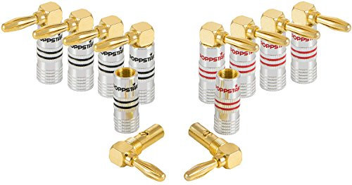 Poppstar 10x High End Bananenstecker gewinkelt (bis 6 mm², 24k vergoldete Kontakte, 5X schwarz, 5X rot)