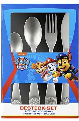 P:os 29991049 - Besteck-Set mit Paw Patrol Prägung, 4-teiliges Kinder-Besteck aus rostfreiem Edelstahl, Ess-Besteck mit Messer, Gabel, Suppen-Löffel und Dessert-Löffel, spülmaschinengeeignet