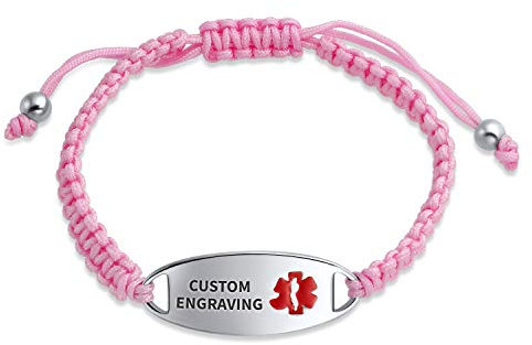Bling Jewelry Identification Personnalisée Bracelet D'Alerte Médicale Avec Cordon Tressé Rose Pour Femmes Acier Inoxydable Gravé Sur Mesure