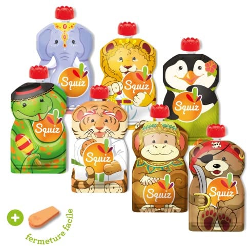 Lot de 7 Gourdes Réutilisables 130ml | Collection Carnaval | Pour Bébé, Enfant et Adulte | Sans Substances Nocives | Compotes, Purées, et Smoothies | Fabriquées en France | Squiz