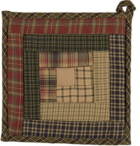 VHC Brands Tea Cabin Pot Holder Patchwork 8x8 Log Cabin Country Rustic Lodge Kitchen Tabletop Design, Moss Green and Deep Red