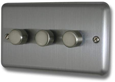 Varilight Brushed Steel, LED Dimmer Switch - V-Pro Series, 3 Gang, 1 or 2 Way, 0-120 Watt (Trailing Edge)