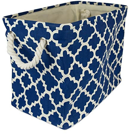 DII Collapsible Polyester Storage Basket or Bin with Durable Cotton Handles, Home Organizer Solution for Office, Bedroom, Closet, Toys, & Laundry (Small – 14x8x9”), Navy Lattice