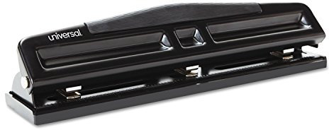 Perforadora universal de 12 hojas Deluxe con dos y tres agujeros ajustable, agujeros de 9/32 pulgadas, negro (UNV74323)