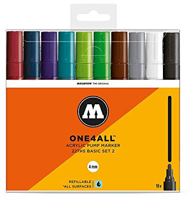 Molotow One4All 227HS Acryl Marker Basic-Set 2 (4,0 mm Strichstärke, hochdeckend und permanent, UV-beständig, für fast alle Untergründe) 10 Stück sortiert