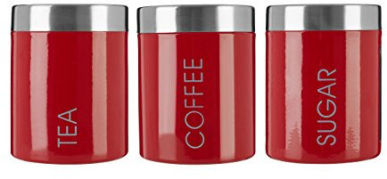 Premier Housewares Pots à thé, café et sucre (Lot de 3, couvercle argenté), Rouge
