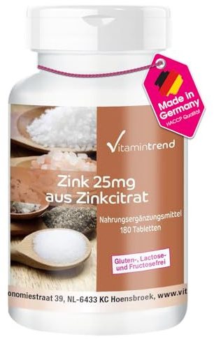 Vitamintrend Zink 25mg Tagesbedarf aus Zinkcitrat, 180 Tabletten, schluckfreundlich, hochdosiert, Nahrungsergänzungsmittel vegan ohne Magnesiumstearat, in Deutschland hergestellt