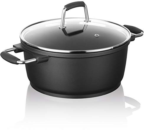 Bratoni Aluminiumguss Kochtopf 28 cm mit Deckel aus Glas 6,5L | Antihaft-Beschichteter Topf für fettarmes Kochen, Spülmaschinenfest, Brattopf Guss-Qualität, Schwarz