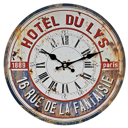 WB wohn trends Wanduhr aus Holz ~ Hotel DU LYS Paris 1889 ~ rot blau / 29cm ~ Vintage Shabby Uhr