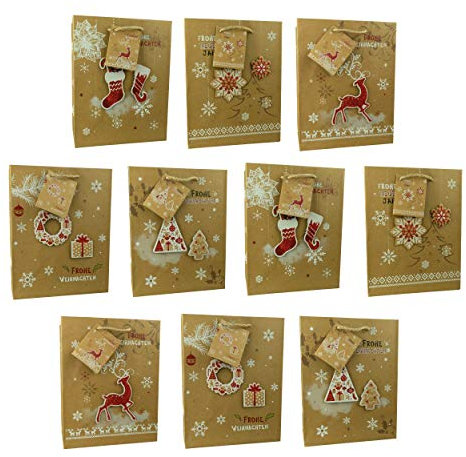 HRB Geschenktüten Weihnachten, 10 Stück stabile Weihnachtstüten der Marke HRB, weihnachtliche Geschenkverpackung (Braun, Groß) Maße: 32 x 26 x 9 cm (H x B x T)