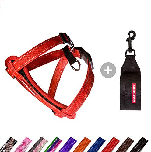 EzyDog Hundegeschirr Chest Plate – Sicherheitsgeschirr mit Sicherheitsgurt-Adapter – Reflektierendes, Gepolstertes Geschirr für kleine, mittelgroße und große Hunde (L, Rot)