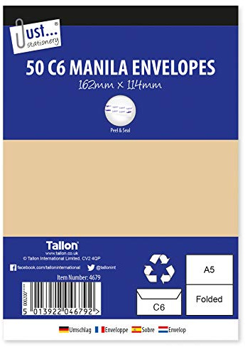Tallon Just Stationery C6 Peel & Seal Manila Envelopes (Pack of 50), 4679