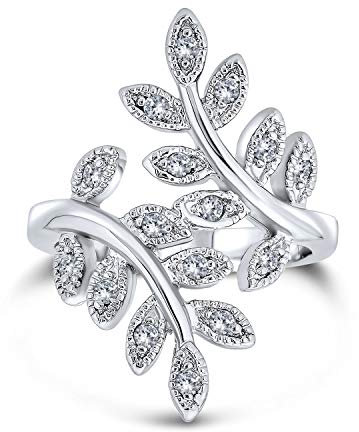 Nature Ivy Vine Leaf Fashion Statement Ring Für Frauen Cubic Zirconia Pave Cz Bypass Versilbertes Messing