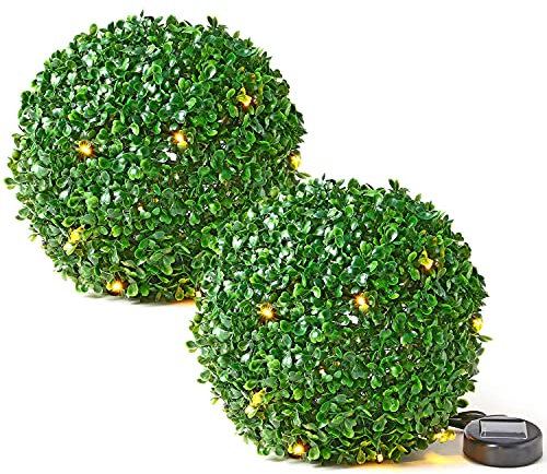 Solalite 2 x 28cm Green Topiary Balls with 20 Solar LED Lights, Hanging Topiary Ball Lights Sphere Decorative for Wedding Artificial Plant, Backyard Balcony Garden Décor