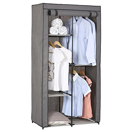 Stoffkleiderschrank Kellerschrank Faltkleiderschrank ADAM, mit 3 Kleiderstangen und 2 Regalfächern, mit Schutzhülle in grau - 5 verschiedene Aufbauvarianten