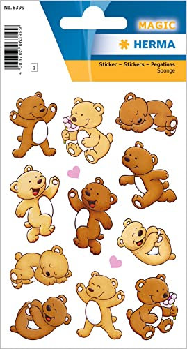 HERMA 6399 Aufkleber Bären klein groß, 11 Stück, 3D Tiere Sticker mit süßen Bärchen Motiv, Kinder Etiketten für Fotoalbum Tagebuch Poesiealbum Scrapbooking Geburtstag Dekoration Briefe DIY Basteln