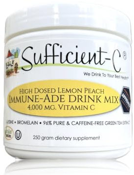 Sufficient-C High-Dosed 4000 mg. Vitamin C Lemon Peach Immune-Ade Drink Mix 250 gram Size - Refreshing with Generously Dosed L-lysine, Bromelain & 96% Pure, Caffeine-Free Green Tea Extract