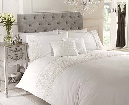 Rapport Home Cream Single Duvet Set – Raised Rose & Ribbon Polycotton Quilt Cover Set with Embossed Floral Design Soft & Durable 2 PCS Set With Secure Button Closure Includes 1 Pillowcase