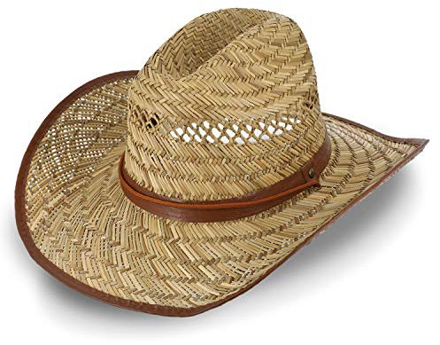 fiebig Westernhut aus Stroh für Damen und Herren | Luftiger Cowboyhut mit Kinnband | Strohhut mit Kunstlederband | Sonnenhut mit Schweißband & Einfass an der Krempe (59-L)
