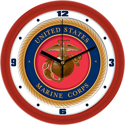 SunTime U.S. Marines 11.5 Wall Clock, Non Ticking Silent Movement, Red Bezel with Glass Face