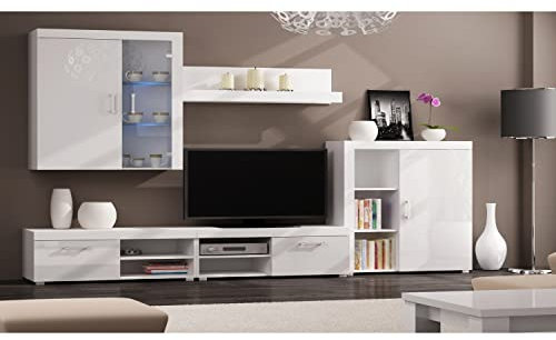 Skraut Home Mueble Comedor, Salon Moderno con Leds, Acabado en Blanco Brillo Lacado y Blanco Mate, Medidas: 290x200x45 cm de Fondo
