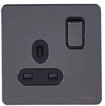 Schneider Electric Ultimate - Placa plana sin tornillos - Toma de corriente conmutada única, doble polo, 13A, GU3410DBBN, níquel negro con inserto negro