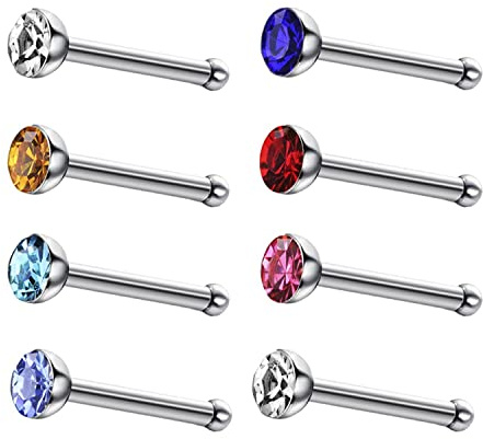JEWELRIESHOP 40pcs Nose Studs Stainless Steel CZ Nose Rings Stud Piercing Jewelry Bone Studs for Women Men Hypoallergenic 22G