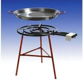 Énorme Paella Set Grill pour 40 personnes avec 3 Chalumeau au gaz flammigem, 70 cm (28 kw), 70 cm et 80 cm Poêle renforcées, pieds, incl. Tuyau et régulateur de pression