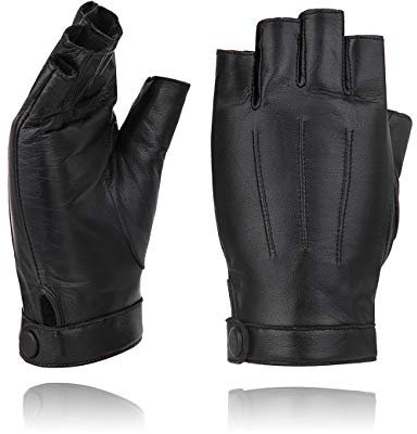 YISEVEN Damen Fingerlose Schaffell Lederhandschuhe Halbfinger Autofahrer-Handschuhe Winter Leder, schwarz L
