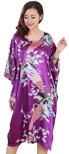 JTC Femme Vêtement de Nuit Robe Imprimé Chinois Fleur, paon violet, moyen