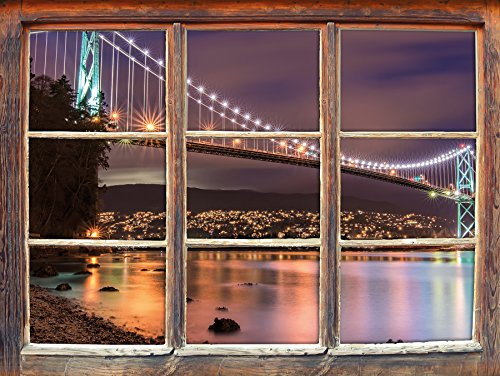 Stil.Zeit Möbel Lions Gate Bridge in Vancouver bei Nacht Fenster 3D-Wandsticker Format: 62x42cm Wanddekoration 3D-Wandaufkleber Wandtattoo
