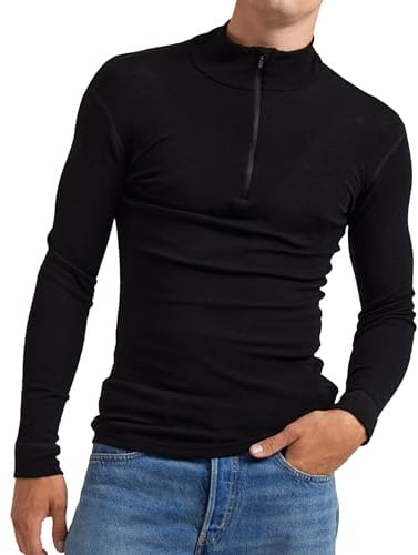 DILLING Men's Zip Neck top - Organic Merino Wool Black S
