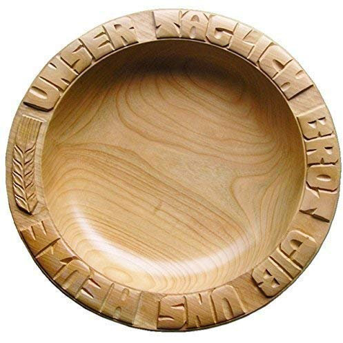 CleanPrince AHORN 28-30 cm Brotteller handgeschnitzt, mit eingeschnitztem UNSER TÄGLICH BROT GIB UNS HEUTE, Höhe ca. 4-4,5 cm, Holz Ahornholz Holzteller MADE IN GERMANY