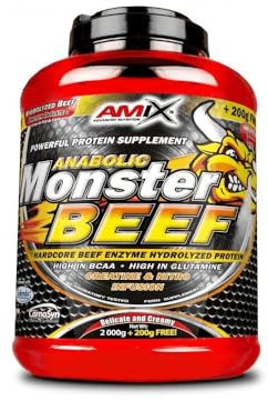 Amix - Monster Beef Protein - Suplemento Alimenticio - Mejora del Rendimiento - Proteína de Suero - Glutamina en Polvo - Nutrición - Proteína de Ternera - Sabor Fresa & Plátano - Bote de 2 Kg