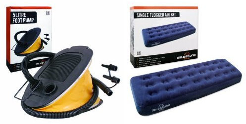 Milestone Camping Foot Pump - Yellow, 5 Litres & Milestone Camping Single Flocked Airbed - Blue Set