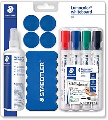 STAEDTLER Whiteboard-Set Lumocolor, praktische Grundausstattung für Whiteboards mit Marker, Wischer, Reinigungsspray und Haftmagneten, hohe Qualität Made in Germany, 613 S