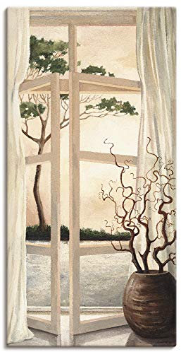 ARTLAND Wanddeko Leinwand Bilder Wandbild 30x60 cm Fensterblick Fenster Toskana Landschaft Fensterbild Sonnenuntergang T4OM