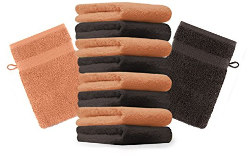 Betz 10 Stück Waschhandschuhe Premium 100% Baumwolle Waschlappen Set 16x21 cm Farbe orange und Dunkelbraun