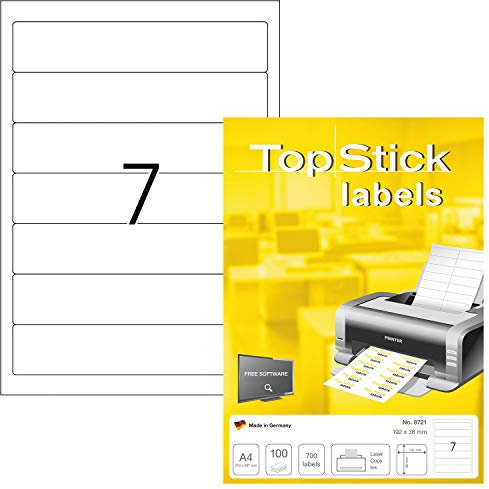TopStick 8721 Ordnerrücken Etiketten schmal kurz, 100 Blatt, 192 x 38 mm, 7 pro A4 Bogen, 700 Stück, selbstklebend, bedruckbar, blickdicht, blanko Papier Ordneretiketten Rückenschilder Aufkleber, weiß