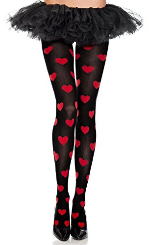 Heart Print Spandex Opaque Pantyhose, Black/Red