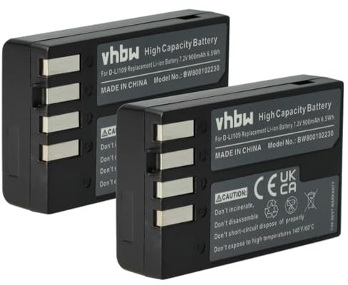 vhbw 2X Akku Ersatz für Pentax D-Li109 für Kamera (900 mAh, 7,2 V, Li-Ion)