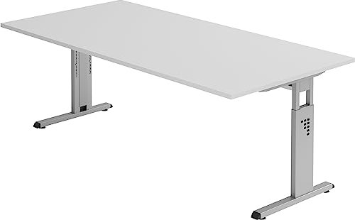 Bümö höhenverstellbarer Schreibtisch O-Serie 200x100 cm in grau, Gestell in Silber - großer PC Tisch für's Büro manuell höhenverstellbar, Computertisch verstellbar