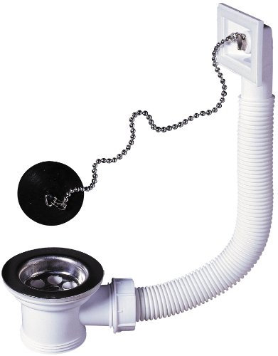 Wirquin SP230 Grille Chaînette avec borne d'attache, Bonde et Tube Blanc Panier INOX Bouchon Noir